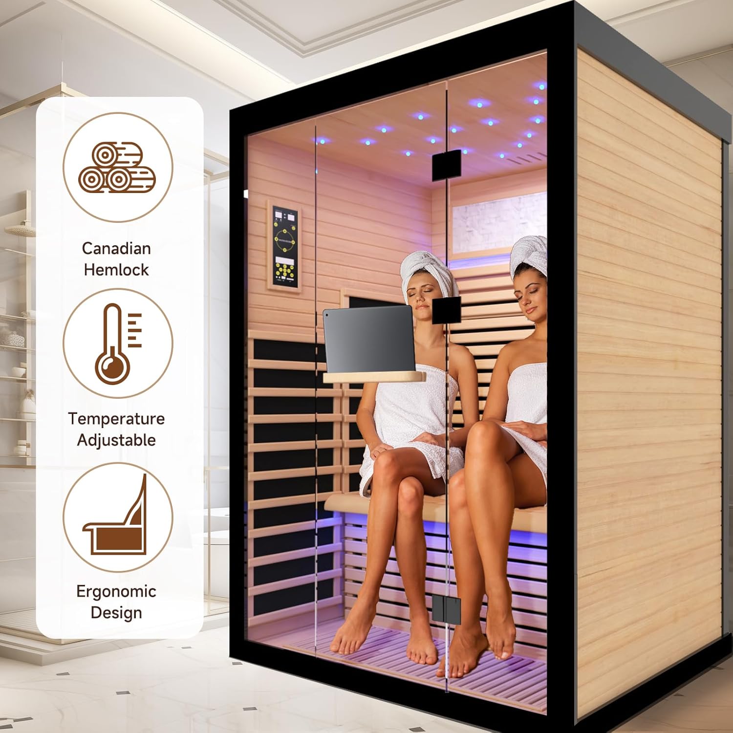 2 Person Infrared Sauna Room Far Infrared Saunas Home Canadian Hemlock Indoor 2100W Low-EMF Dry Saunas with Oxygen Bar